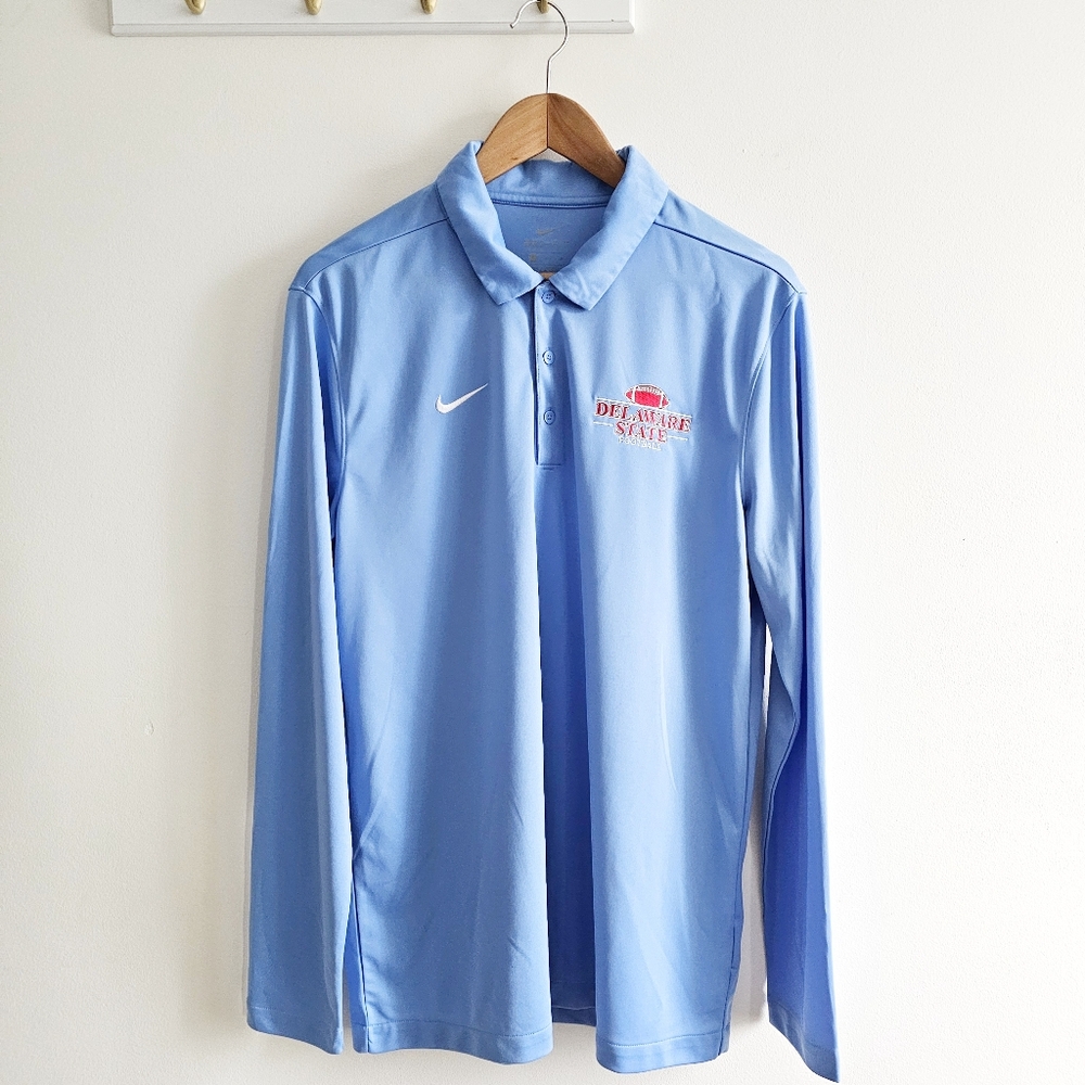 Nike Dri-FIT Delaware State Football Long Sleeve Polo Men L NCAA Blue Golf Shirt